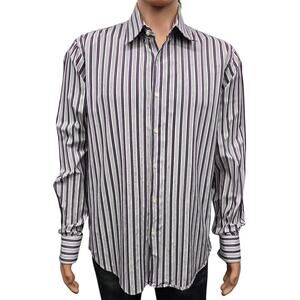 Hugo Boss French Cuff Lawrence Dress Shirt Men 17.5 36/37 Purple White Striped
